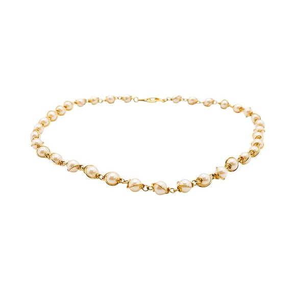 Elegant Yellow Gold Plated Faux White Pearl Beaded Link Necklace 16 Inches - Picture 2 of 4